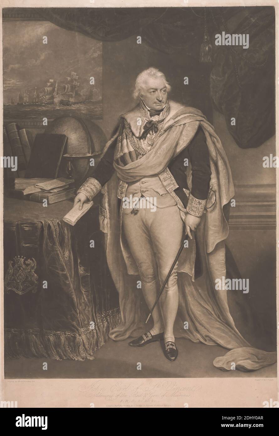 John, conte di San Vincenzo, Ammiraglio del Rosso e Gen'l della Marina, pubblicato il 11 novembre 1816, Charles Turner, 1774–1857, inglese, dopo Sir William Beechey, 1753–1839, inglese, 1816, Mezzotint, foglio: 24 x 16 pollici. (61 x 40,6 cm Foto Stock