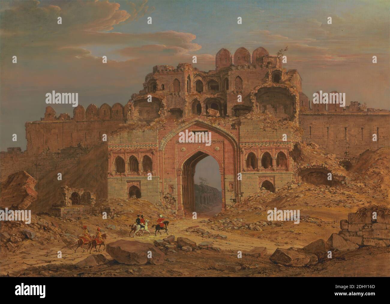 All'interno dell'ingresso principale del Purana Qila, Delhi, Robert Smith, 1787–1873, britannico, 1823, olio su tela, supporto (PTG): 30 1/16 x 42 pollici (76.4 x 106.7 cm), antico, archi, soggetto architettonico, architettura, mattoni, colonnello, costume, forte, cavalli (animali), paesaggio, uomini, monumento, moschea, rocce (forme di terra), rovine, soldati, Delhi, India Foto Stock