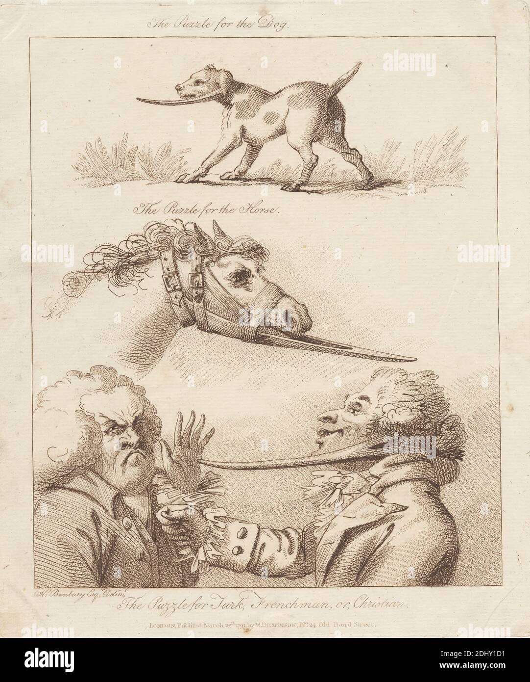 The Puzzle for the Dog, The Puzzle for the Horse, The Puzzle for Turk, Frenchman, OR, Christian, William Dickinson, 1746–1823, British, After Henry William Bunbury, 1750–1811, British, Published by William Dickinson, 1746–1823, British, 1791, incisione e incisione su carta leggermente testurizzata, beige, foglio: 10 1/2 x 8 13/16 pollici (26.6 x 22.4 cm) e immagine: 8 3/4 x 7 1/2 pollici (22.3 x 19 cm), arte animale, caricatura, costume, gamberi, polsini, cane (animale), gesturing, cavallo (animale), lapelli, uomini, naso, satira, sorpresa, parrucche Foto Stock