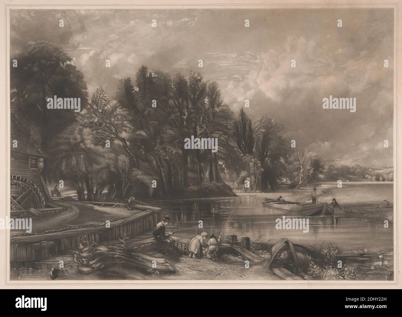 Stratford Mill, The Young Waltonians, Stampa fatta da David Lucas, 1802–1881, inglese, After John Constable, 1776–1837, inglese, 1834–1840, Mezzotint e cartoncino su carta di wove crema di spessore moderato, leggermente testurizzata, foglio: 15 1/8 x 19 1/2 pollici (38.4 x 49.5 cm) e immagine: 11 3/4 x 16 5/8 pollici (29.8 x 42.2 cm), Inghilterra, Europa, Stour, Suffolk, Regno Unito Foto Stock