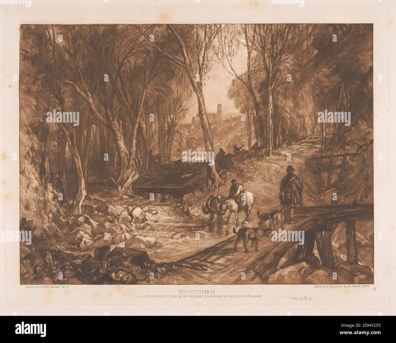 Huntsmen in a Wood, Stampa fatta da Sir Frank Short, 1857–1945, British, dopo Joseph Mallord William Turner, 1775–1851, British, 1896, incisione con mezzotinta stampata in inchiostro marrone su carta media, leggermente testurizzata, crema di wove, foglio: 11 7/8 × 17 1/8 pollici (30.2 × 43.5 cm), piatto: 8 1/4 × 10 5/8 pollici (21 × 27 cm) e immagine: 7 1/8 × 9 3/4 pollici (18.1 × 24.8 cm Foto Stock