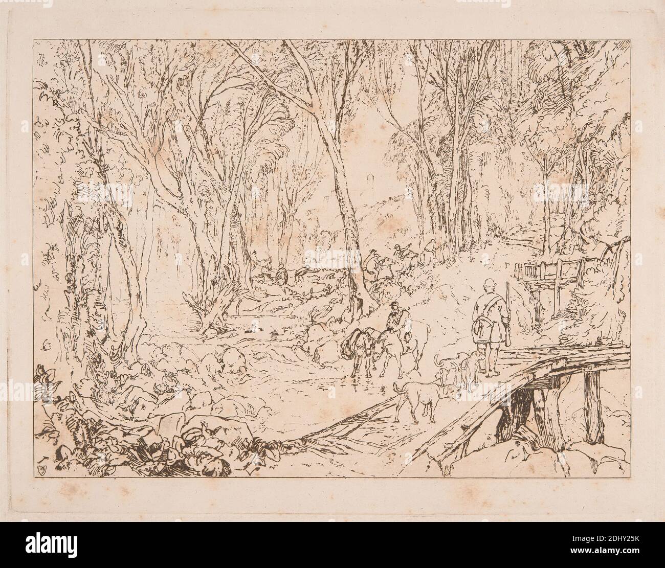 Huntsmen in a Wood, Stampa fatta da Sir Frank Short, 1857–1945, British, After Joseph Mallord William Turner, 1775–1851, British, 1891, incisione stampata in inchiostro marrone su carta media, leggermente testurizzata, crema di wove, foglio: 9 7/8 × 13 7/8 pollici (25.1 × 35.2 cm), piatto: 8 1/4 × 10 1/2 pollici (21 × 26.7 cm) e immagine: 7 1/8 × 9 3/4 pollici (18.1 × 24.8 cm Foto Stock