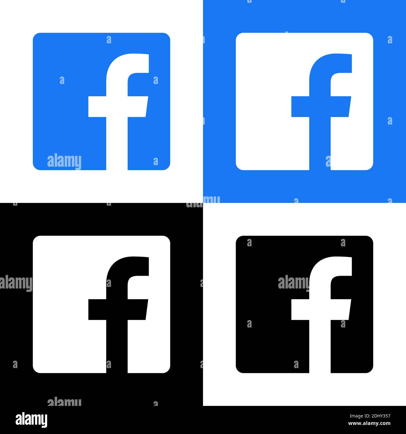 Logo Facebook - Vector Set Collection - Black Silhouette Shape - Original Latest Blue Color - isolato. F icona per pagina Web, applicazione mobile o Stampa. Illustrazione Vettoriale