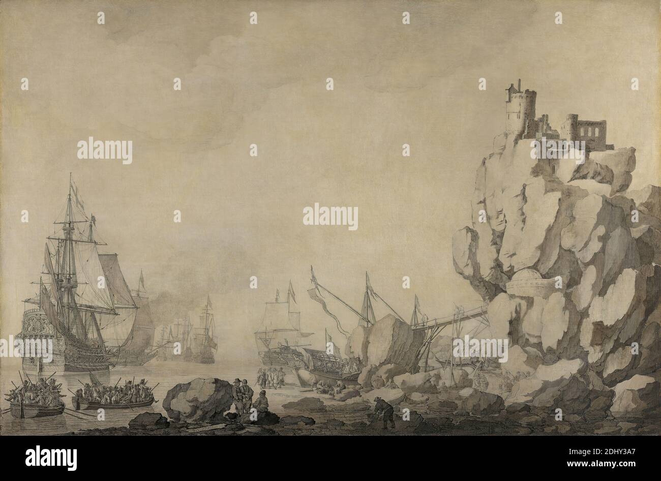 Navi e Militia da una Rocky Shore, Willem van de Velde il Vecchio, ca. 1611–1693, olandese, attivo in Gran Bretagna (dal 1672), ca. 1680, penna e inchiostro su tela preparata, supporto (PTG): 25 5/8 x 38 7/16 pollici (65.1 x 97.6 cm), barche, ponte (opera costruita), castello, scogliera, spedizione, forte, galee (moto d'acqua), geologia, arte marina, uomini, uomini, uomini-di-guerra, milizia, promontorio, rocce (forme di terra), barche a remi, scienza, mare, navi, soldati, costruzione mediterranea (torre) Foto Stock