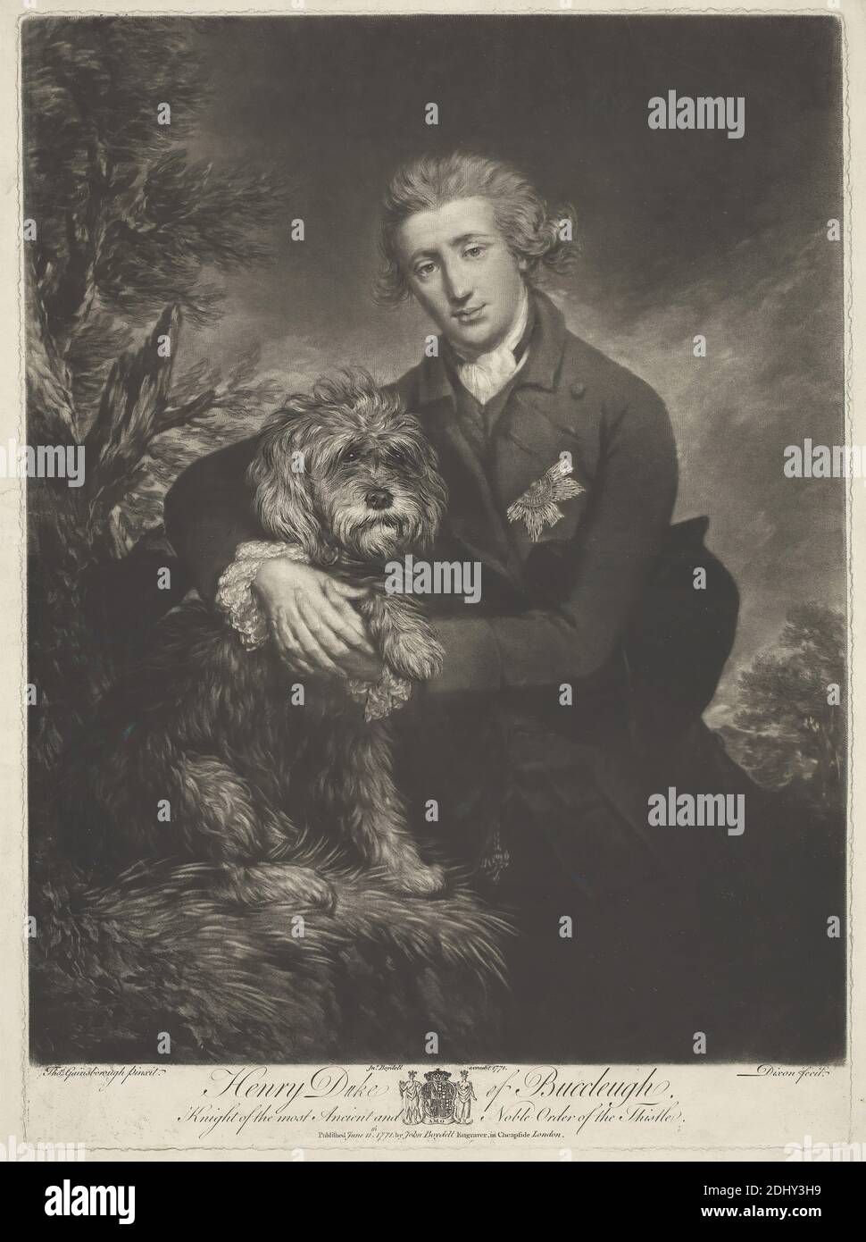 Henry Scott, terzo duca di Buccleugh e quinto duca di Queensberry, John Dixon, ca. 1740–1811, irlandese, dopo Thomas Gainsborough RA, 1727–1788, inglese, pubblicato da John Boydell, 1720–1804, inglese, 1771, Mezzotint e incisione su carta in wove beige di spessore moderato, leggermente testurizzata, foglio: 19 1/8 x 14 pollici (48.5 x 35.5 cm), piatto: 17 11/16 x 12 13/16 pollici (45 x 32.6 cm) e immagine: 16 7/16 x 12 11/16 pollici (41.7 x 32.3 cm), arte animale, capitani (ufficiali militari), ordini cavallereschi, cappotto, cravat, polsini, cane (animale), duca, sguardo, erba, tenuta, giacca, proprietario di terra, uomo, medaglia, nobile Foto Stock