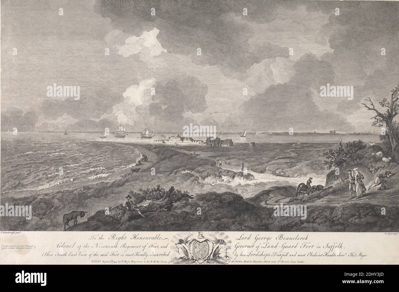 Vista sud-est di tLand-Guard Fort, in Suffolk, Thomas Major, 1714–1799, British, 1754, incisione di linea su carta spessa, ruvida, crema, wove, foglio: 15 5/8 × 23 1/2 pollici (39.7 × 59.7 cm) e immagine: 13 9/16 × 23 1/4 pollici (34.4 × 59.1 cm Foto Stock
