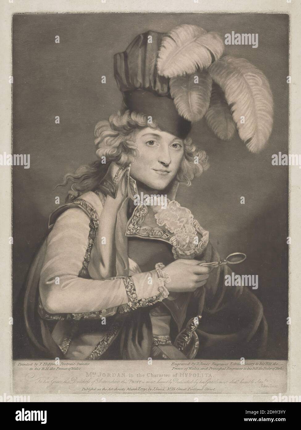 La signora Jordan nel personaggio di Hypolita, John Jones, ca. 1745–1797, British, After John Hoppner, 1758–1810, British, 1791, Mezzotint, foglio: 16 1/2 x 21 1/2in. (41.9 x 54,6 cm Foto Stock