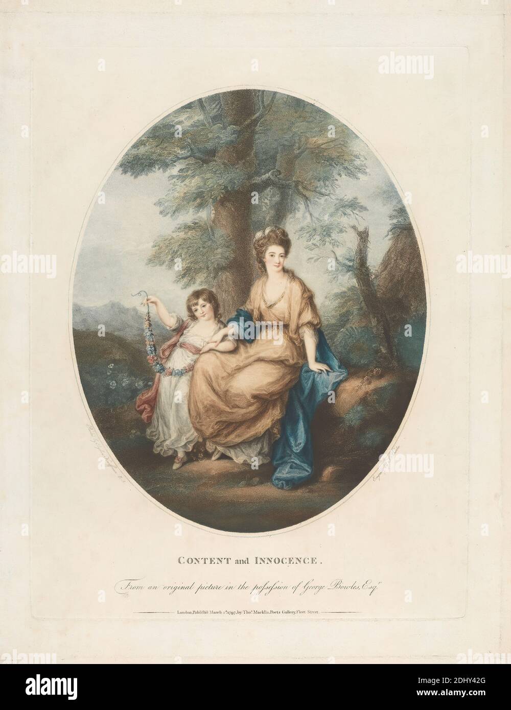 Contenuto e Innocenza, Stampa realizzata da Thomas Burke, 1749–1815, inglese, dopo Angelica Kauffmann RA, 1741–1807, svizzero, attivo in Gran Bretagna (1766–81), pubblicato da Thomas Macklin, attivo 1779–1793, inglese, 1797, incisione a pioli a mano su carta di wove morbida e leggermente spessa, foglio: 20 3/8 x 15 1/4 cm (51.7 x 38.7 cm), piatto: 16 15/16 x 12 13/16 pollici (43 x 32.5 cm), e immagine: 13 1/8 x 10 7/16 pollici (33.3 x 26.5 cm), chiodi di garofano, figlia, abiti, abito fantasia, fiori (piante), ghirlande, madre, perle, piante, ritratto, pantofole, alberi, boschi Foto Stock