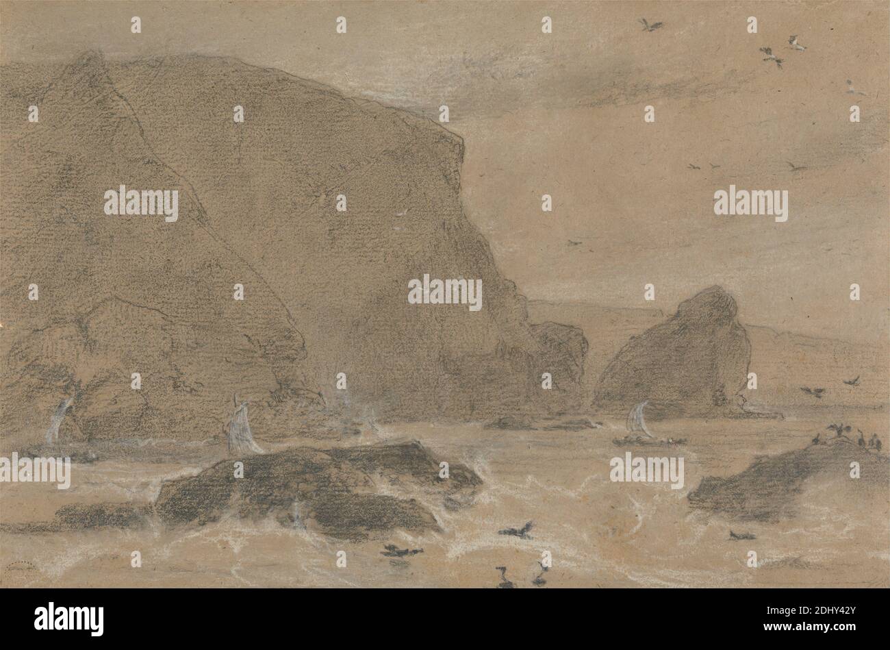 Samphire Rock, St. Agnes, Cornovaglia, William Daniell, 1769–1837, inglese, senza data, gesso bianco e nero su carta defilata di spessore moderato, moderatamente testurizzata, marrone, foglio: × 10 5/8 17.8 cm (7 × 27 pollici), uccelli, scogliere, paesaggio, rocce (forme di terra), barche a vela, mare, Cornovaglia, Inghilterra, Europa, Sant'Agnese, Regno Unito Foto Stock