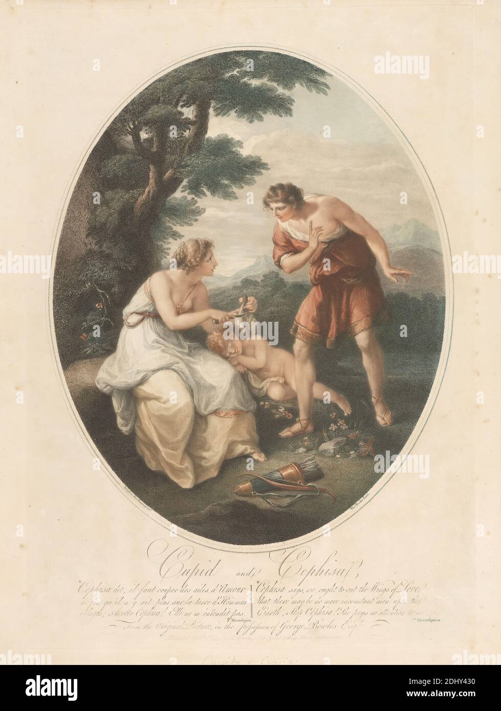 Cupido e Cephisa: 'Cephisa dice, dovremmo tagliare le ali dell'amore...', Stampa fatta da Thomas Burke, 1749–1815, inglese, dopo Angelica Kauffmann RA, 1741–1807, svizzero, attivo in Gran Bretagna (1766–81), pubblicato da Thomas Burke, 1749–1815, inglese, 1789, incisione e incisione a stipsi, colore a mano su carta di spessore moderato, foglio liscio, crema: 19 5/8 x 14 13/16 pollici (49.8 x 37.6 cm), piatto: 18 11/16 x 13 1/8 pollici (47.5 x 33.3 cm), e immagine: 14 5/16 x 11 7/16 pollici (36.4 x 29 cm), frecce, arco, trecce, bambino, taglio, abito, fiori (piante), erba, tenuta, coltello, amore, uomo, montagne Foto Stock