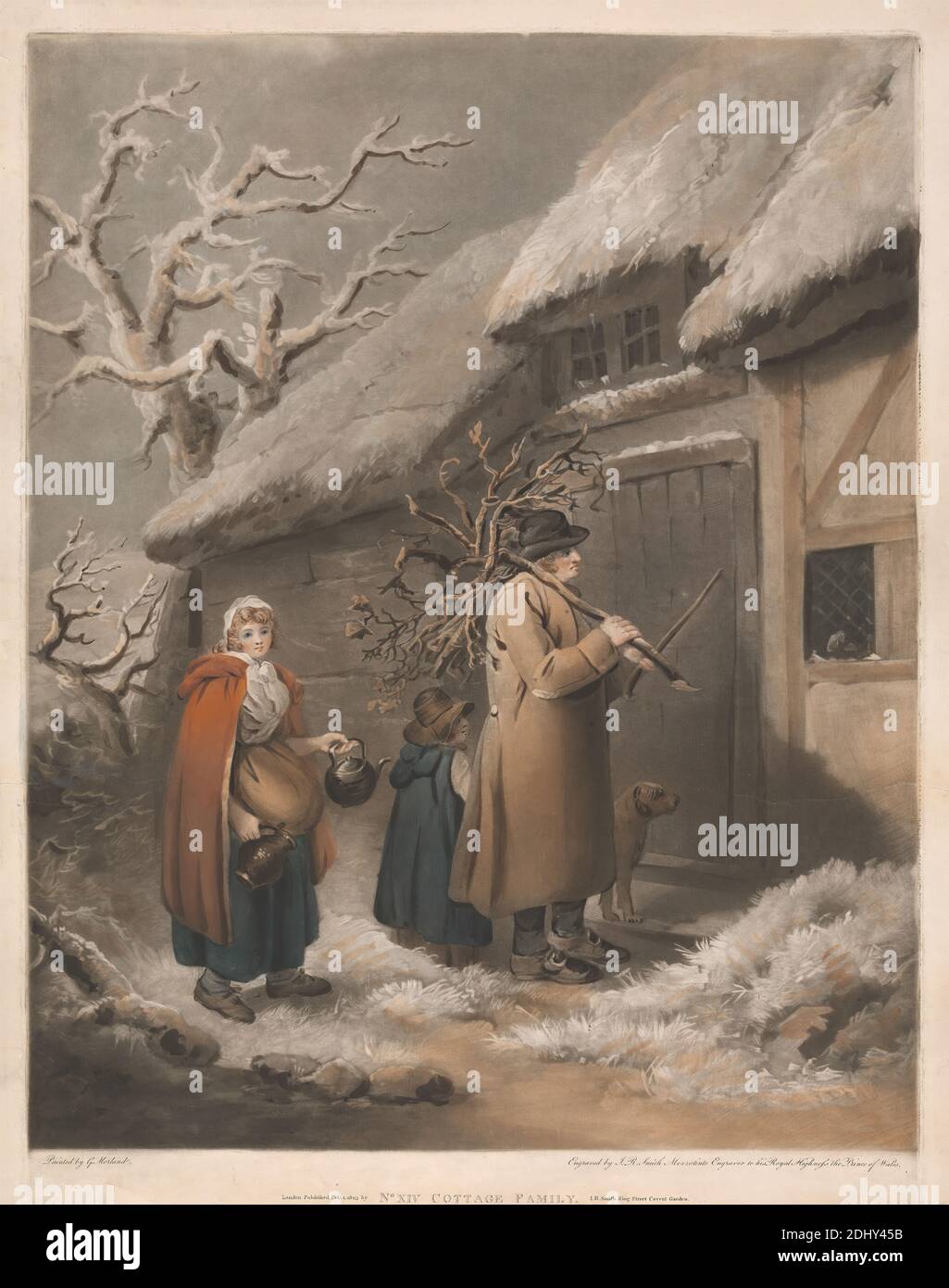 Famiglia Cottage, John Raphael Smith, 1752–1812, britannico, dopo George Morland, 1763–1804, inglese, 1803, mezzotint a mano su moderatamente spesso, moderatamente testurizzato, beige, carta posata, foglio: 21 3/4 × 17 1/4 pollici (55.2 × 43.8 cm) e immagine: 19 7/8 × 15 7/8 pollici (50.5 × 40.3 cm Foto Stock