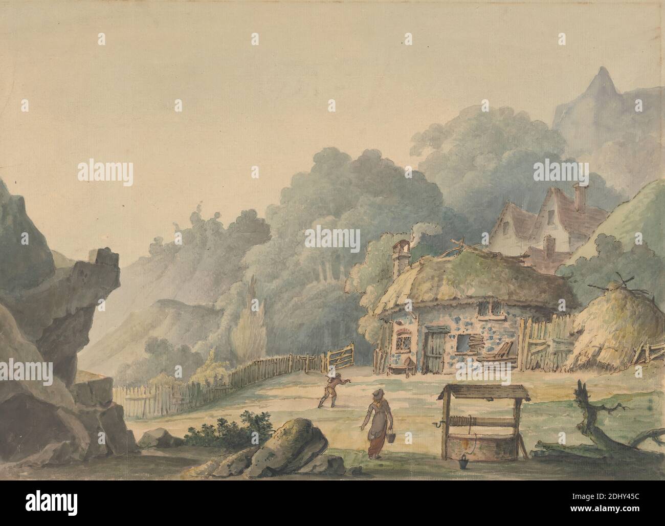 Cottage Scene, Thomas Greenwood, morto 1797, britannico, non satinato, acquerello con penna e inchiostro marrone su carta molto spessa, leggermente testurizzata, wove beige, foglio: 12 13/16 x 6 13/16in. (32.5 x 17.4cm) e foglio: 11 1/4 × 15 3/8 pollici (28.6 × 39.1 cm), cottage, recinzione, colline, lavoro Foto Stock