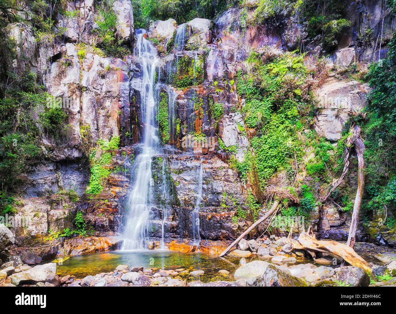 Cascata panoramica nel fiume Minnamurra che scende dalle rocce erose del centro della foresta pluviale di Minnamurra. Foto Stock