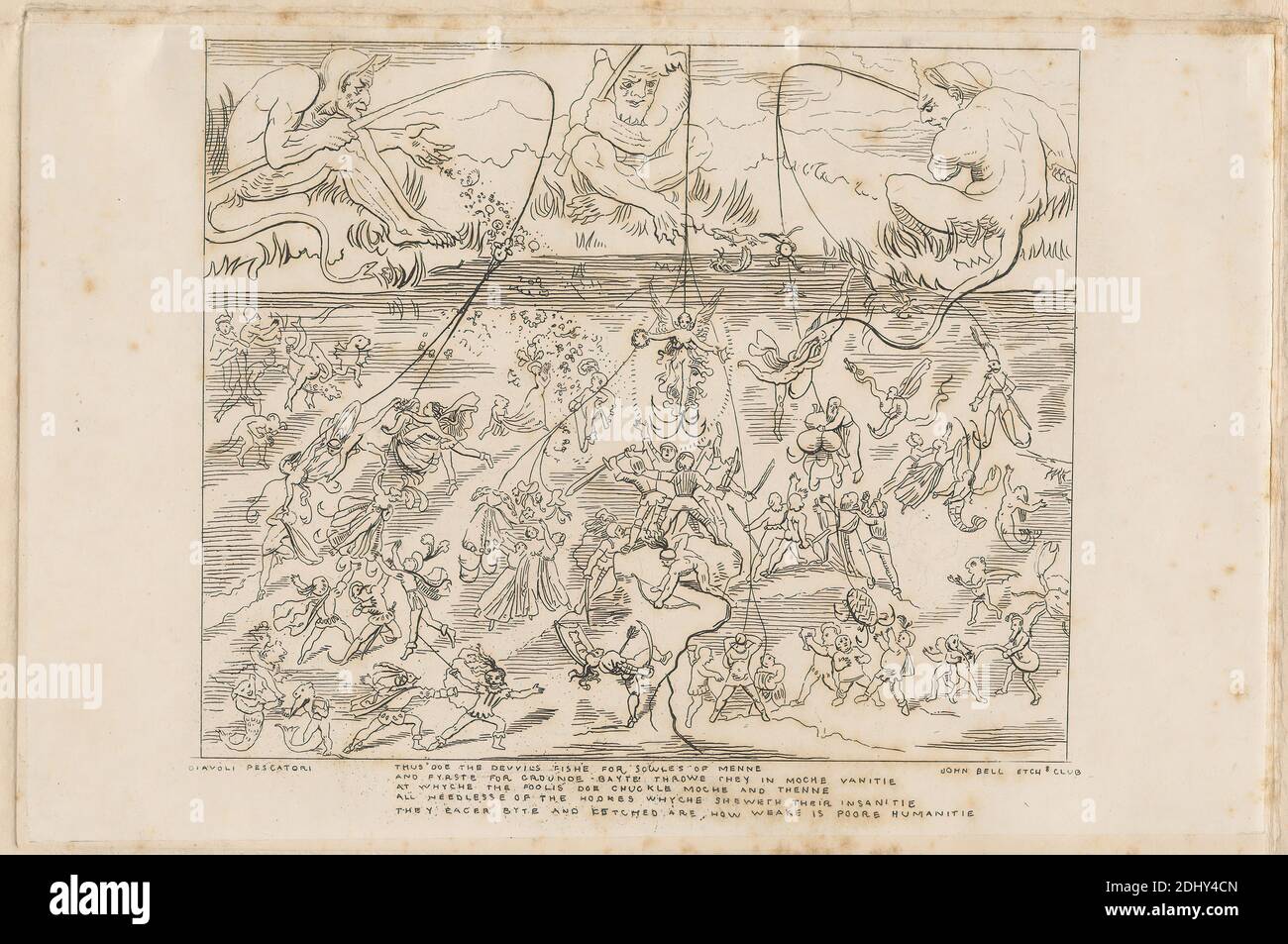 Diavoli pescatori, Stampa realizzata da John Bell, 1811–1895, inglese, pubblicato da John Bell, 1811–1895, inglese, tra il 1838 e il 1850, incisione su carta di wove beige di spessore moderato, leggermente testurizzata con collé di creme, foglio: 11 1/8 x 14 15/16 pollici (28.2 x 37.9 cm), piatto: 6 x 9 pollici (15.2 x 22.9 cm), e immagine: 5 1/8 x 6 3/16 pollici (13 x 15.7 cm), allegoria, archi, peccati cardinali, aragoste clawed, costume, granchi, danza, morte, diavolo, abiti, piume, recinzione, lotta, pesce, pescatori (persone), pesca, flirtare, golosità, avidità, soggetto storico, lust, merlumi, lago Foto Stock