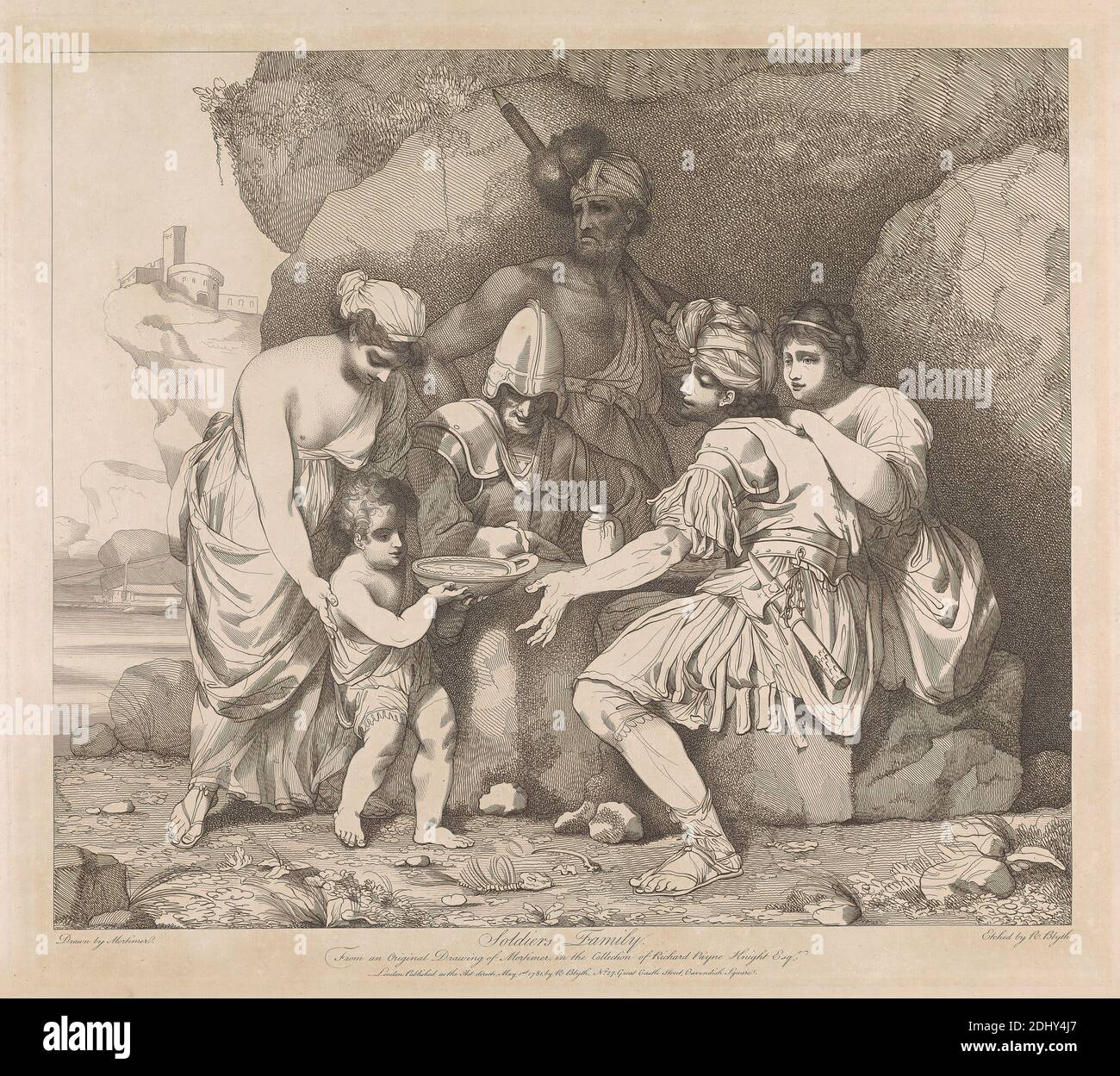 La vita e la morte di un soldato: Soldier's Family (nota al numero 55 del catalogo Mortimer Exhibition 1968), Robert Blyth, 1750–1784, dopo John Hamilton Mortimer, 1740–1779, British, 1781, incisione Foto Stock