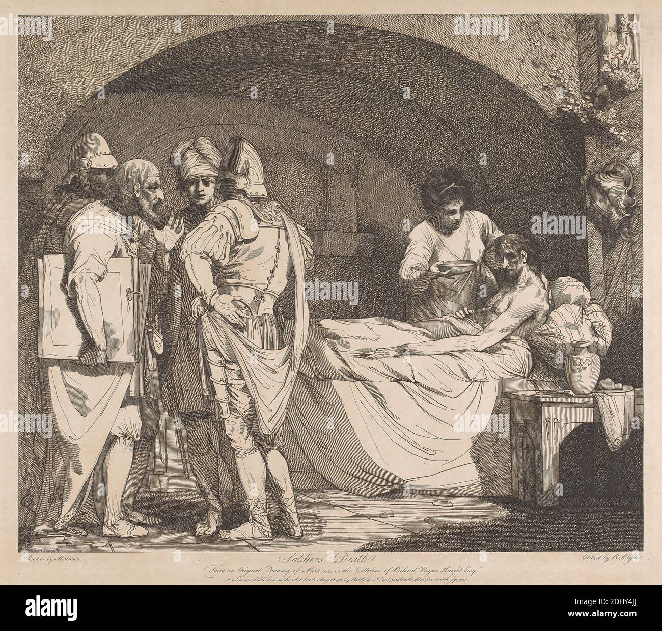 La vita e la morte di un soldato: La morte del soldato (nota al numero 56 del catalogo Mortimer Exhibition 1968), Robert Blyth, 1750–1784, dopo John Hamilton Mortimer, 1740–1779, British, 1781, incisione Foto Stock
