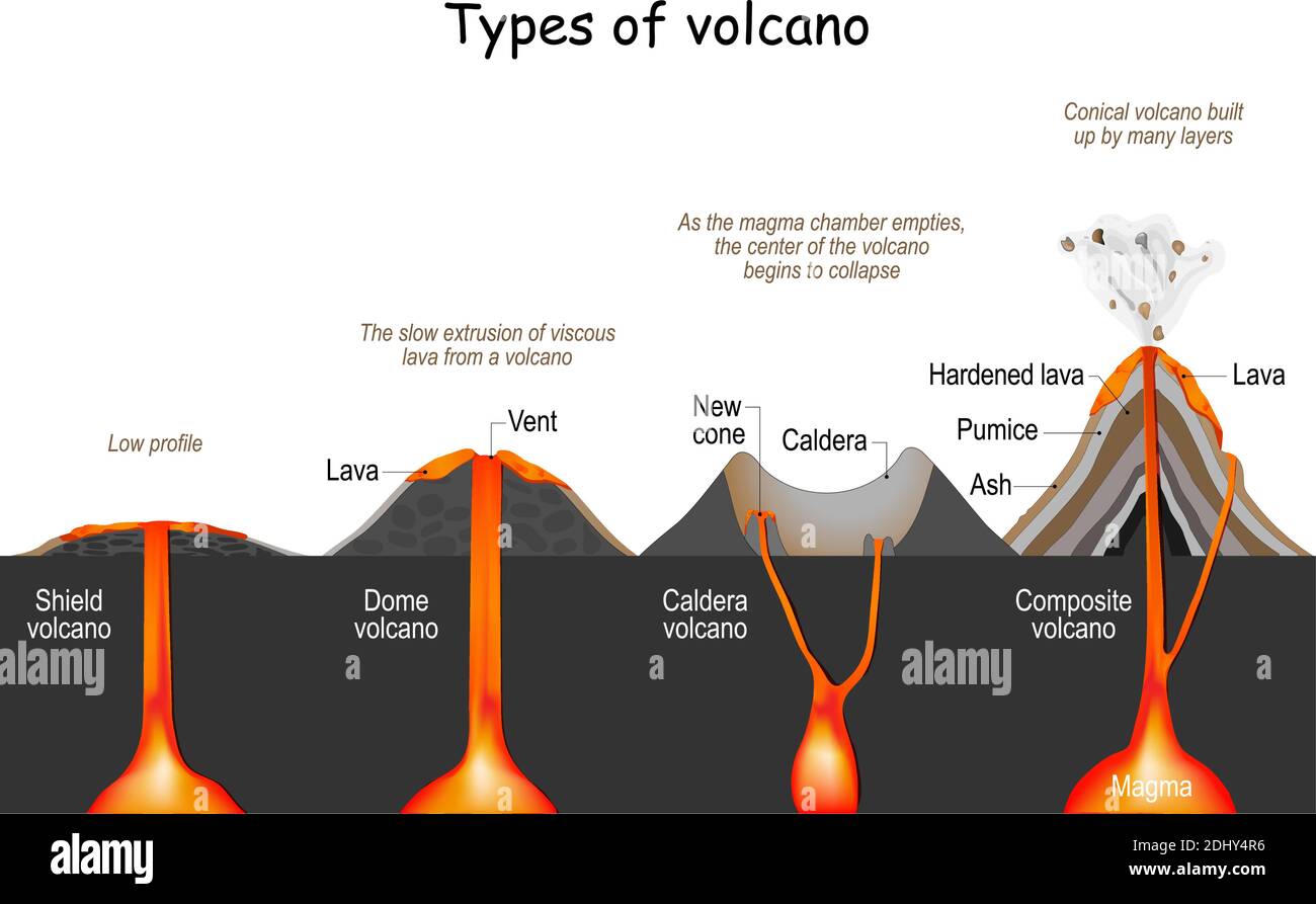 tipo di vulcano (scudo, cupola, composito e caldera). infografica. illustrazione vettoriale Illustrazione Vettoriale