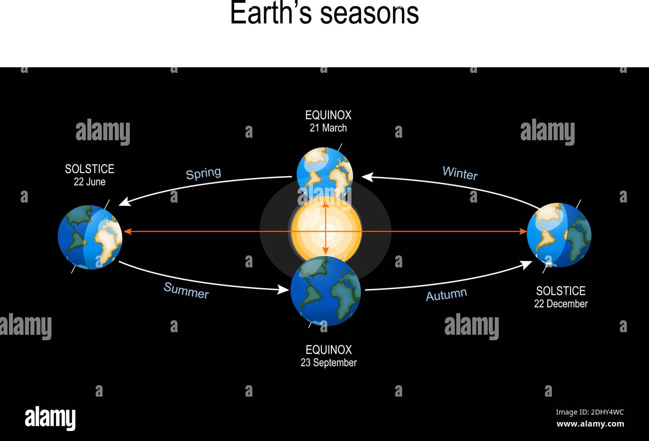 Earth's Seasons. Movimento della Terra intorno al Sole. Posizione superiore: Equinozio vernale. Fondo: Equinozio autunnale. A sinistra: Solstizio estivo. Destra: Inverno Illustrazione Vettoriale