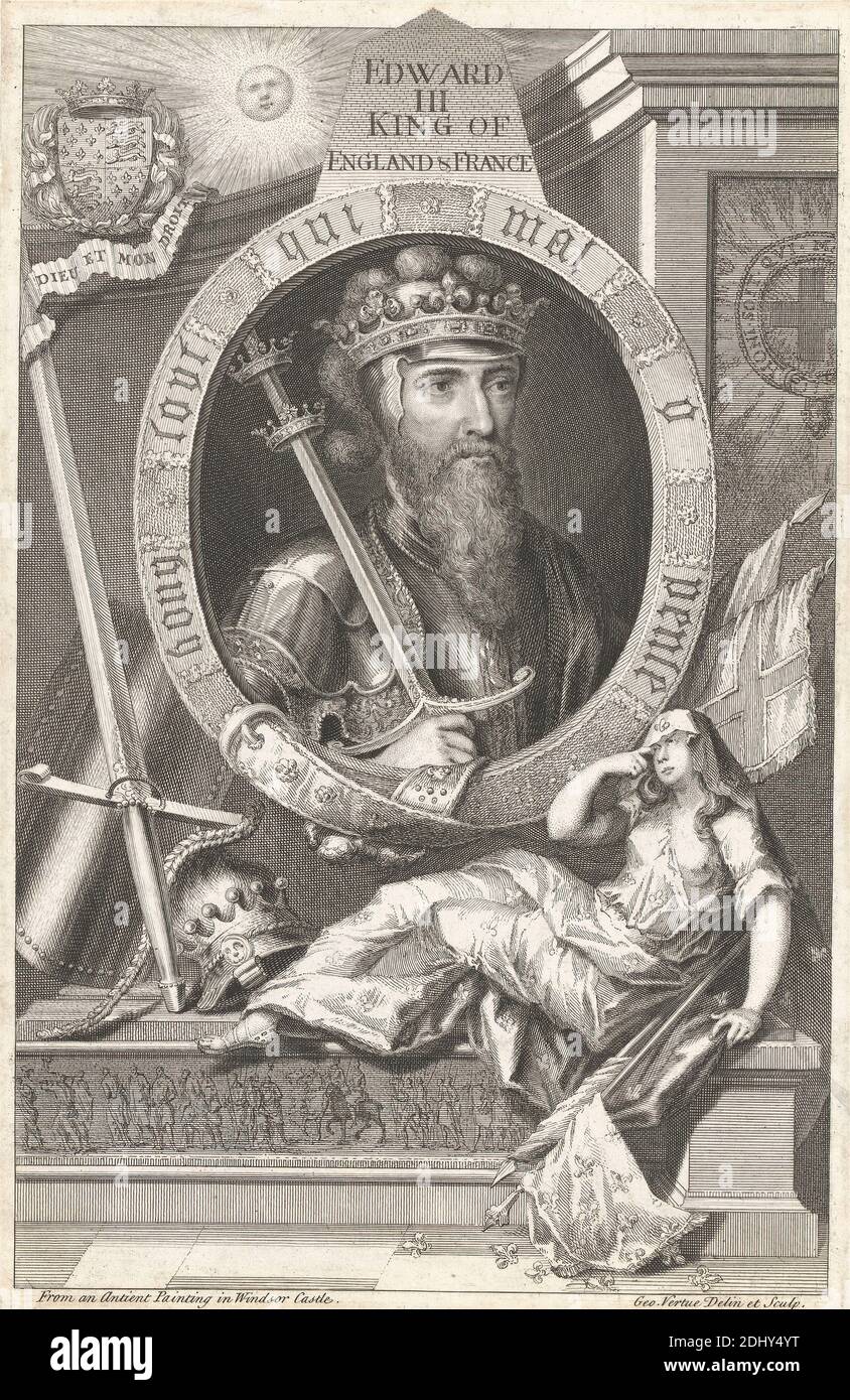 Edward III, King of England and France, George Verte, 1684–1756, British, After Unknown artist, 1732, incisione su carta media, leggermente testurizzata, panna, carta depresso, montata su, moderatamente spessa, leggermente testurizzata, crema, carta wove, supporto: 23 7/8 × 17 1/16 pollici (60.6 × 43.3 cm), foglio: 11 7/16 × 7 1/16 pollici (29.1 × 18 cm) e immagine: 11 × 7 1/16 pollici (27.9 × 17.9 cm Foto Stock