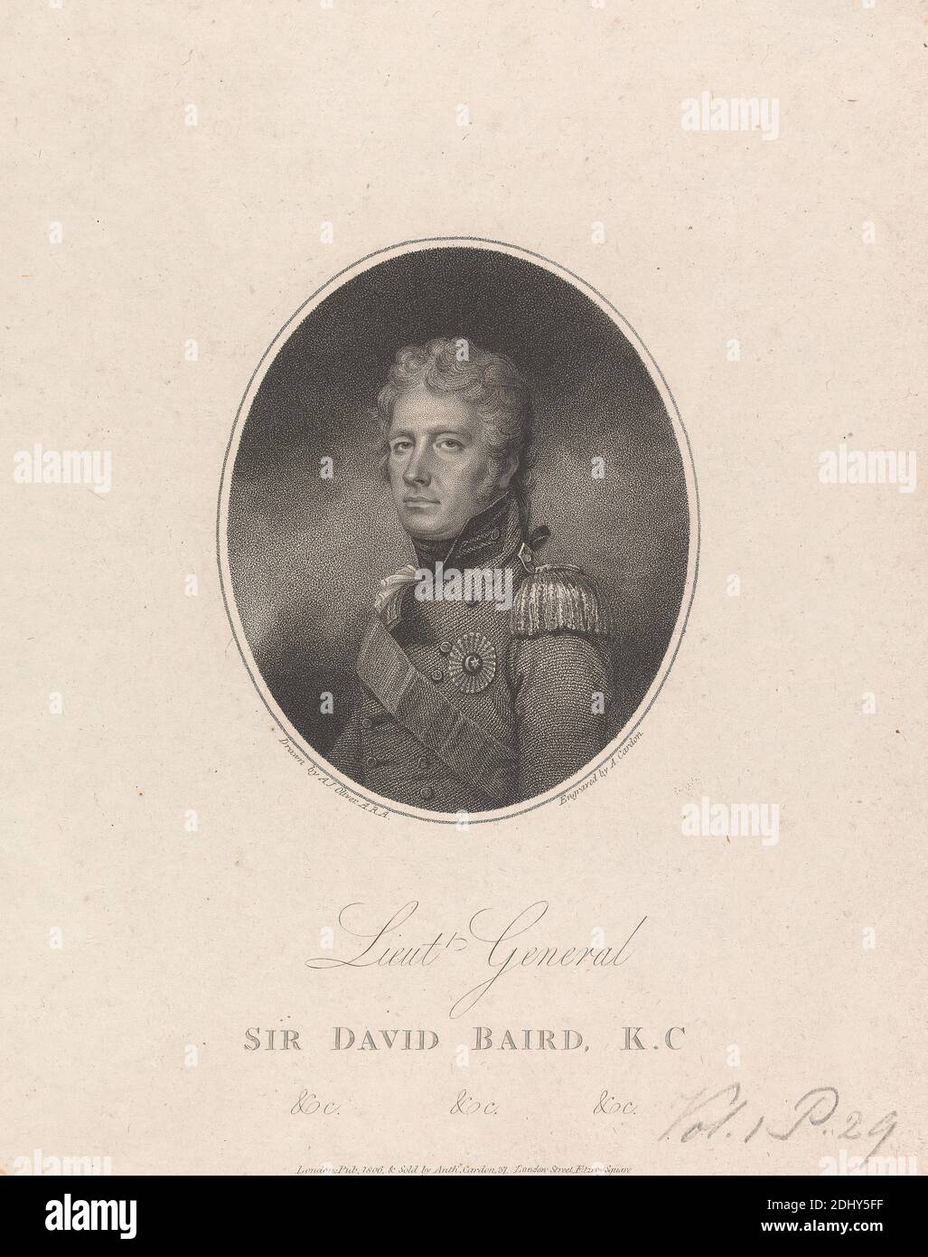 Sir David Baird, 1st Baronet, Anthony Cardon, 1772–1813, Flemish, After Archer James Oliver, 1774–1842, British, 1806, incisione su carta moderatamente spessa, moderatamente testurizzata, crema, carta posata, foglio: 9 1/2 × 7 5/8 pollici (24.1 × 19.4 cm) e immagine: 4 1/2 × 3 11/16 pollici (11.4 × 9.4 cm Foto Stock