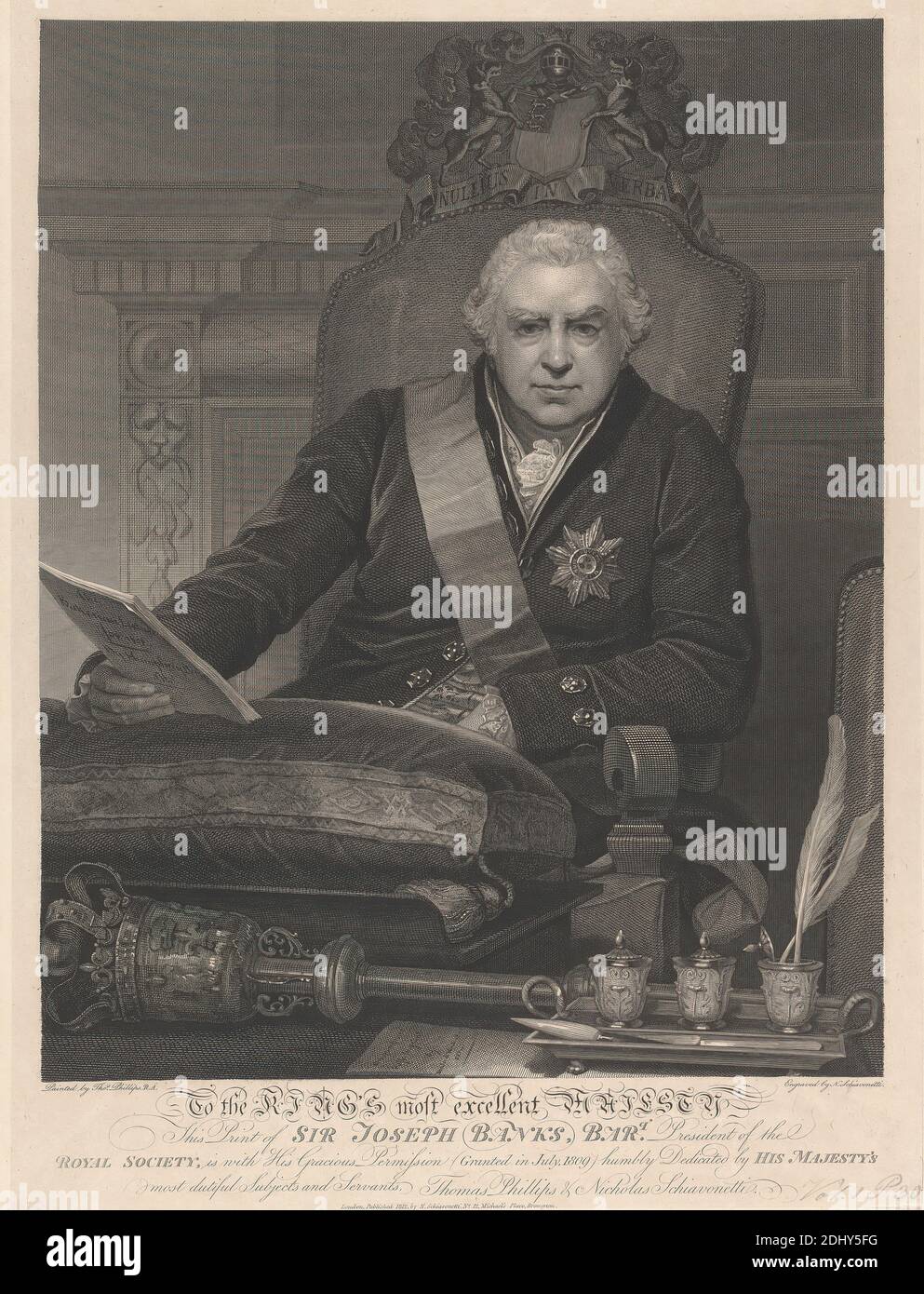 Sir Joseph Banks, 1st Baronet, Niccoló Schiavonetti, 1771–1813, italiano, dopo Thomas Phillips, 1770–1845, inglese, 1812, incisione su medum, leggermente testurizzata, crema, carta deat, con creme colle, foglio: 20 1/8 × 15 1/8 pollici (51.1 × 38.4 cm), Chine collé: 19 11/16 × 14 11/16 pollici (50 × 37.3 cm) e immagine: 17 1/16 × 13 9/16 pollici (43.3 × 34.4 cm Foto Stock