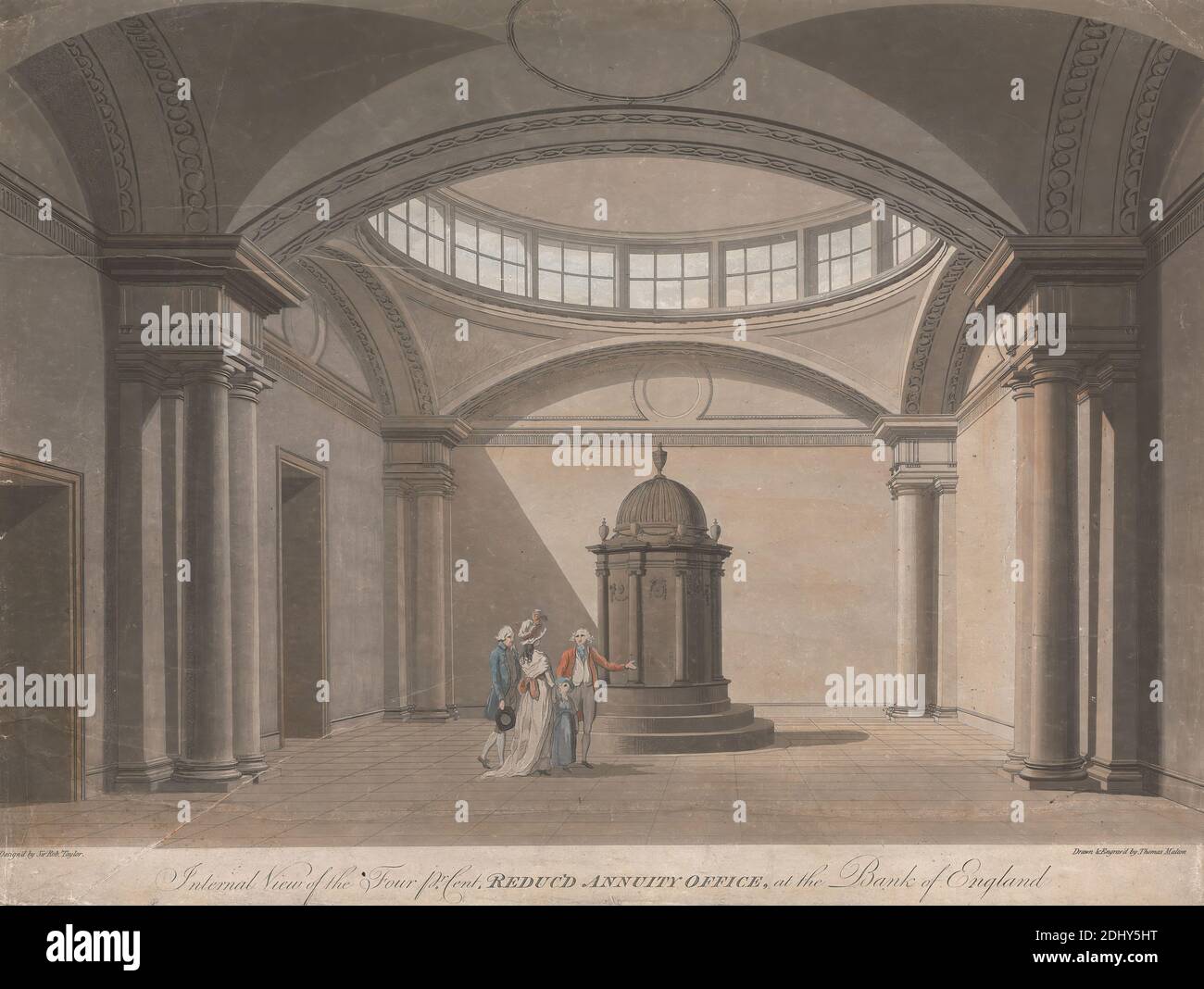 Vista interna del quattro per cento ridotto annuity Office, presso la Banca d'Inghilterra, Thomas Malton, 1726–1801, britannico, dopo Thomas Malton, 1726–1801, inglese, 1790, acquatinto colorato a mano su carta in wove leggermente testurizzata, moderatamente spessa, grigia, foglio: 15 × 19 13/16 pollici (38.1 × 50.3 cm), soggetto architettonico Foto Stock