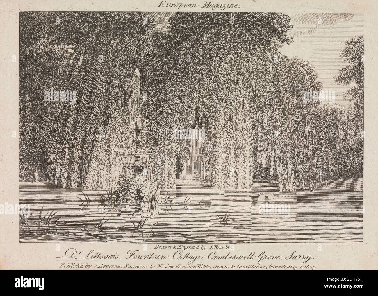 Dr. Lettsom's Fountain Cottage, Camberwell Grove, Surrey, Samuel Rawle, 1771–1860, British, After Samuel Rawle, 1771–1860, British, 1803, Engraving, foglio: 5 x 6 3/4in. (12.7 x 17,1 cm Foto Stock