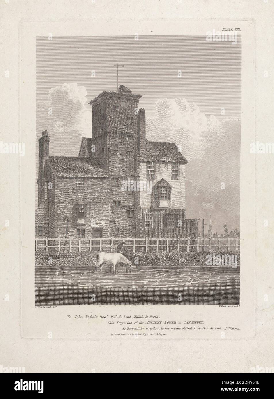 Torre Antica a Canonbury, artista sconosciuto, ( John Hawksmith ), dopo Frederick W. L. Stockdale, attivo 1803–1848, 1811, incisione, foglio: 11 1/4 x 8 5/16in. (28.6 x 21.1 cm Foto Stock
