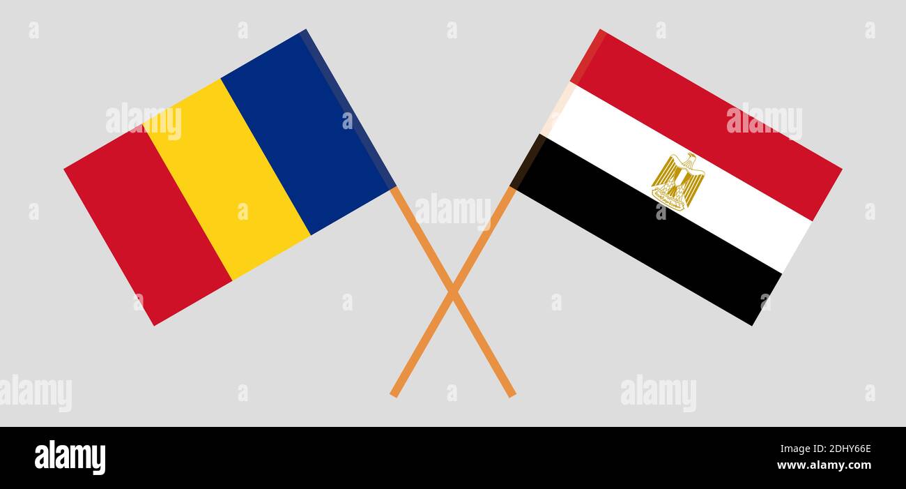 Bandiere incrociate di Egitto e Romania. Colori ufficiali. Proporzione corretta. Illustrazione vettoriale Illustrazione Vettoriale