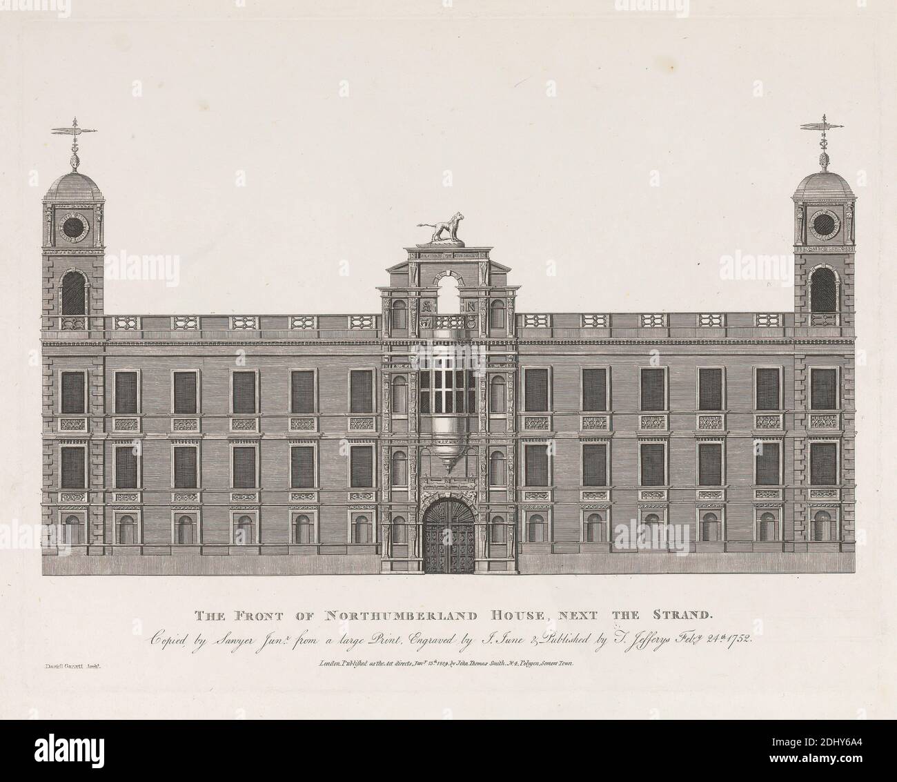 The Front of Northumberland House, next the Strand, Richard Sawyer, attivo 1820–1830, dopo John June, attivo 1740–1770, 1809, incisione, foglio: 10 x 12 7/16in. (25.4 x 31,6 cm Foto Stock