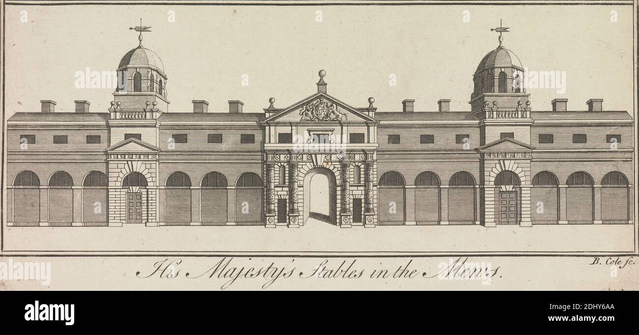 H.M.'s Stables in the Mews, Benjamin Cole, 1697–1783, inglese, dopo artista sconosciuto, non datato, foglio: 4 5/16 x 9 3/8in. (11 x 23,8 cm Foto Stock