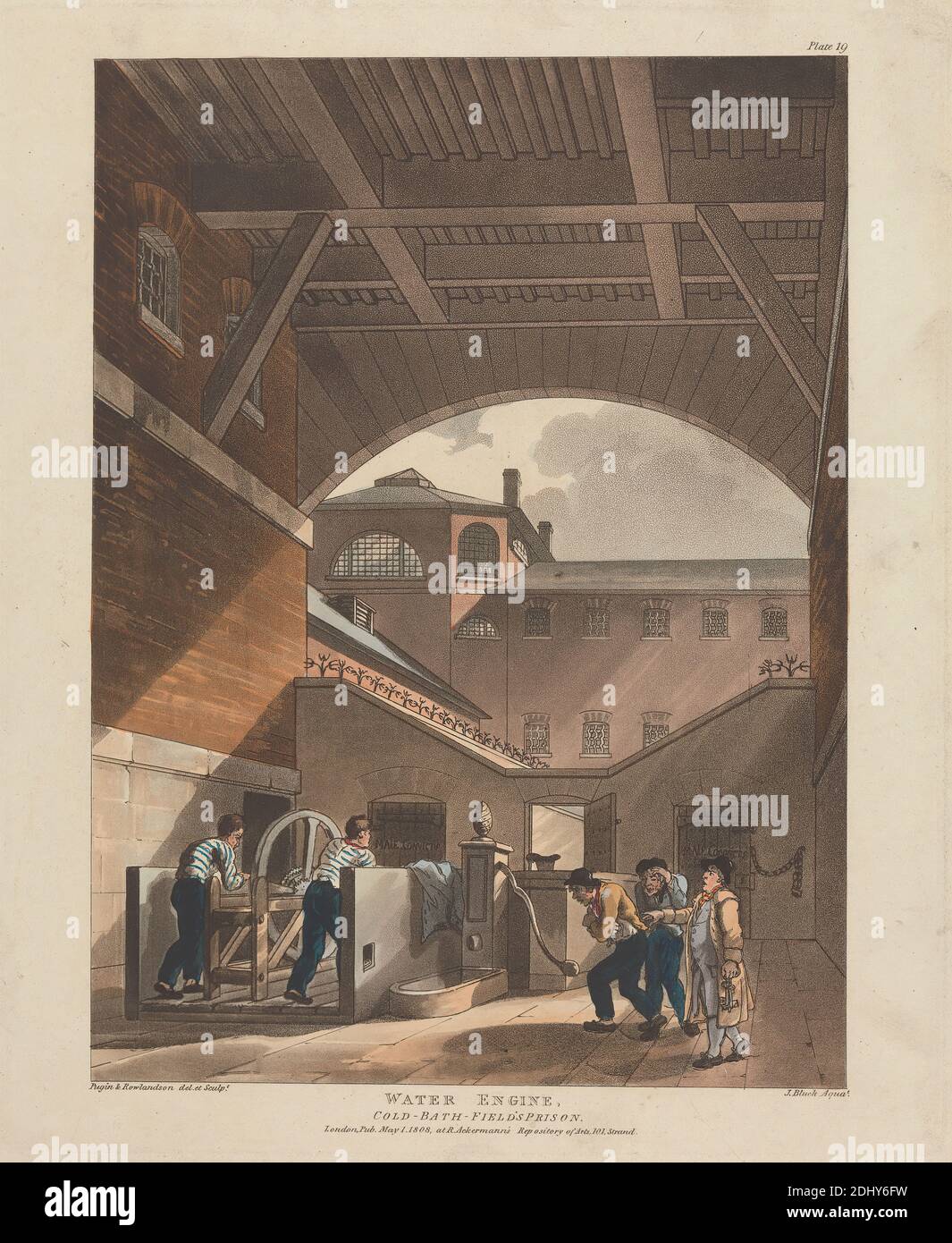 Water Engine, Cold-Bath-Fields Prison, John Bluck, Active 1791–1831, British, and Thomas Rowlandson, 1756–1827, British, After Augustus Charles Pugin, 1762–1832, French, and Thomas Rowlandson, 1756–1827, British, 1808, Aquatint, hand-colored, Sheet: 11 1/8 x 9 1/4in. (28.3 x 23,5 cm Foto Stock