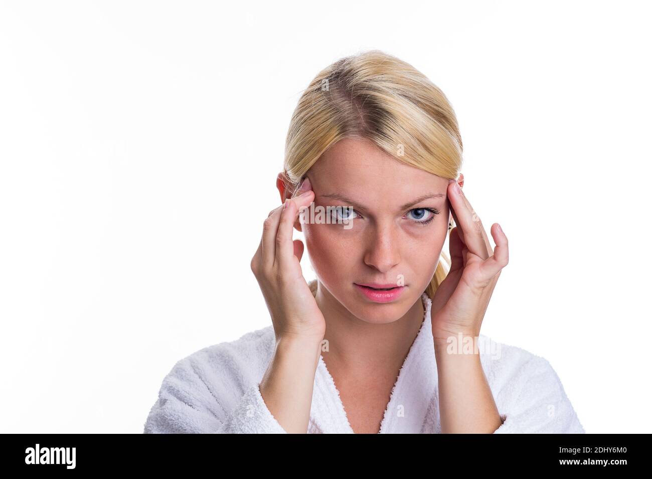 Bionda Frau mit Kopfschmerzen, Model Release, 25, 30, Jahre Foto Stock