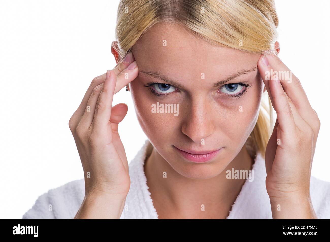 Bionda Frau mit Kopfschmerzen, Model Release, 25, 30, Jahre Foto Stock