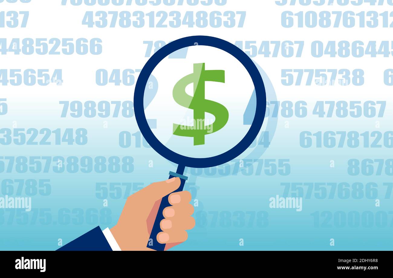 Vettore di un uomo d'affari che guarda il simbolo del dollaro attraverso una lente di ingrandimento, leggendo un rapporto finanziario Illustrazione Vettoriale