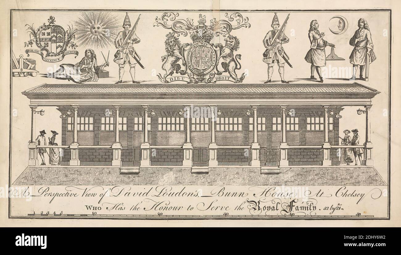 A Perspective View of London's Bunn House at Chelsey, artista sconosciuto, XVIII secolo, dopo artista sconosciuto, non saturato, incisione, foglio: 8 1/8 x 14 3/4in. (20.6 x 37,5 cm Foto Stock