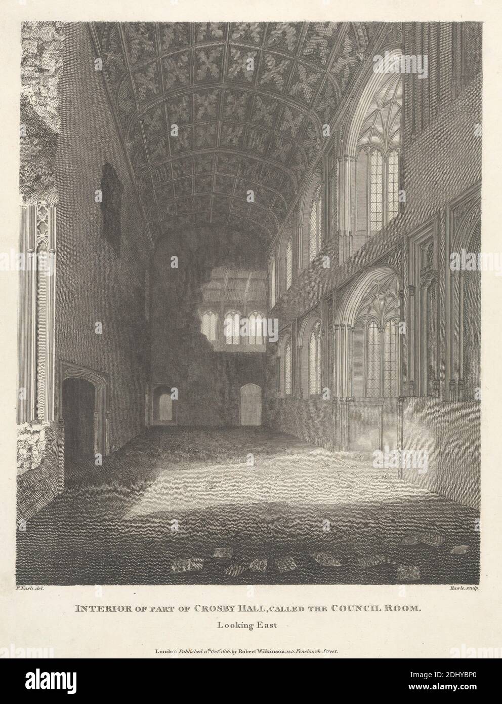 Interno di una parte di Crosby Hall, chiamata Sala del Consiglio, Samuel Rawle, 1771–1860, inglese, dopo Frederick Nash, 1782–1856, inglese, 1816, incisione, foglio: 11 1/4 x 9 3/4in. (28.6 x 24,8 cm Foto Stock