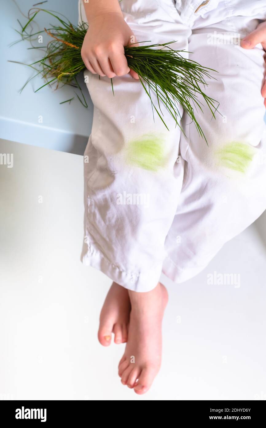 Macchie di erba sporca sui pantaloni dei bambini. La vita quotidiana macchia  sporca per il lavaggio e il concetto pulito. Foto di alta qualità Foto  stock - Alamy