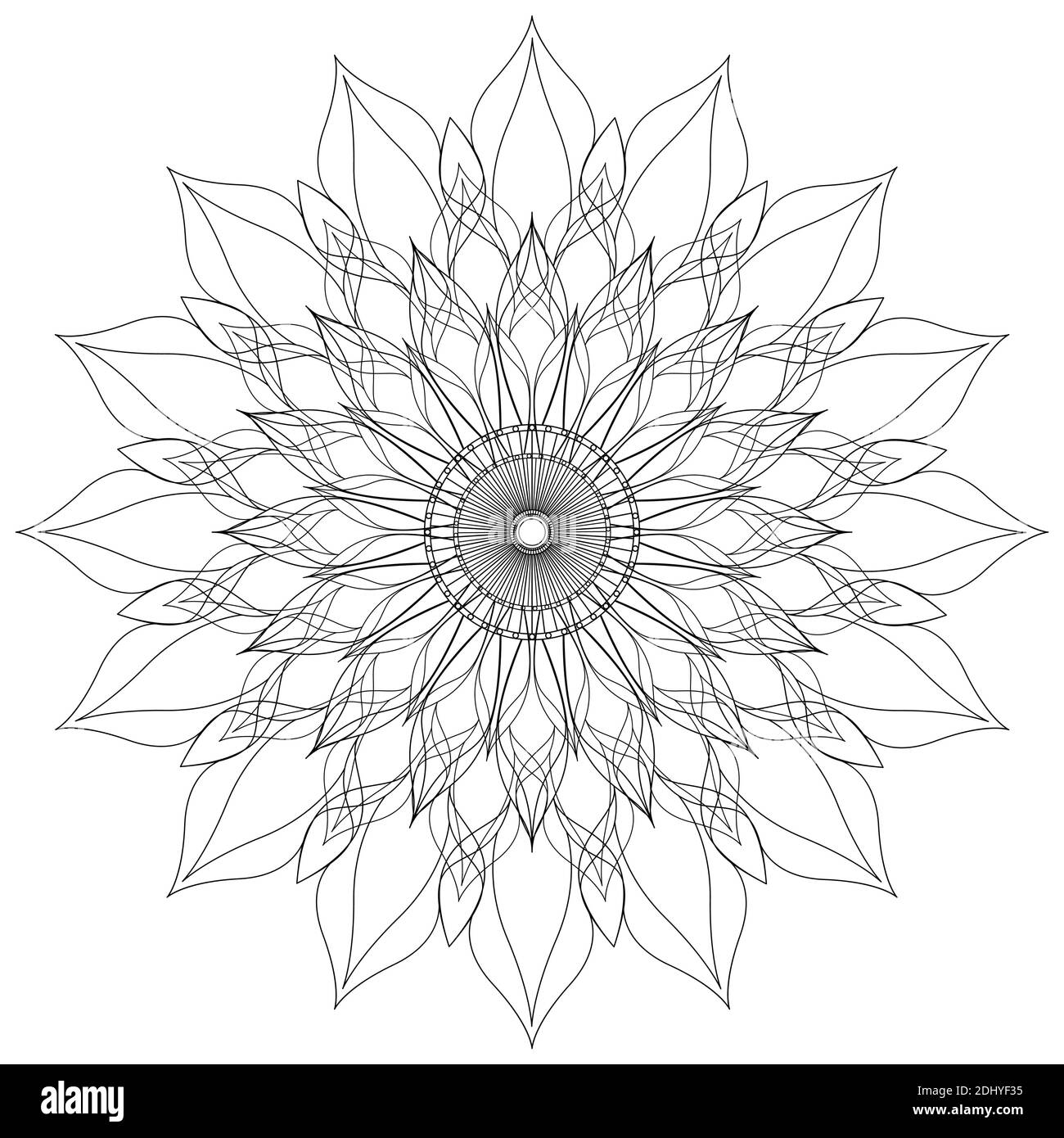 Vettore di linea Mandala. Un ornamento monocromo a fiori simmetrici. Colorazione Illustrazione Vettoriale