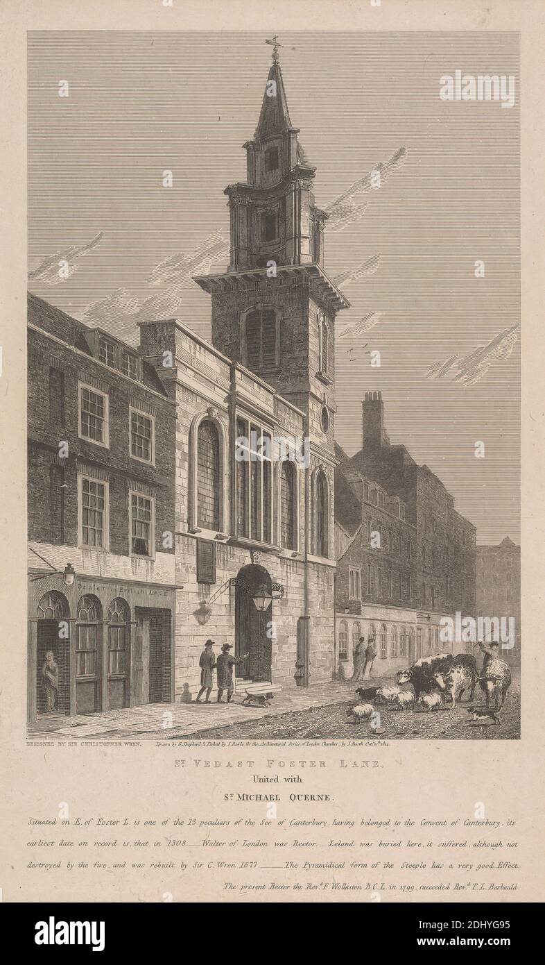St. Vedast Foster Lane, Samuel Rawle, 1771–1860, inglese, dopo George Shepherd, attivo 1782–1830, 1814, incisione Foto Stock