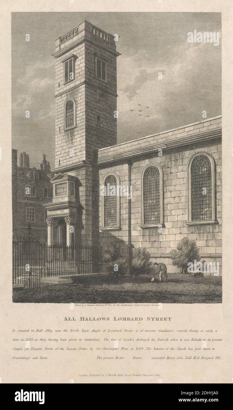All Hallows Lombard Street, William Wise, Active 1823–1876, British, After George Shepherd, Active 1782–1830, 1812, Etching, foglio: 11 7/8 x 7 1/4in. (30.2 x 18,4 cm Foto Stock