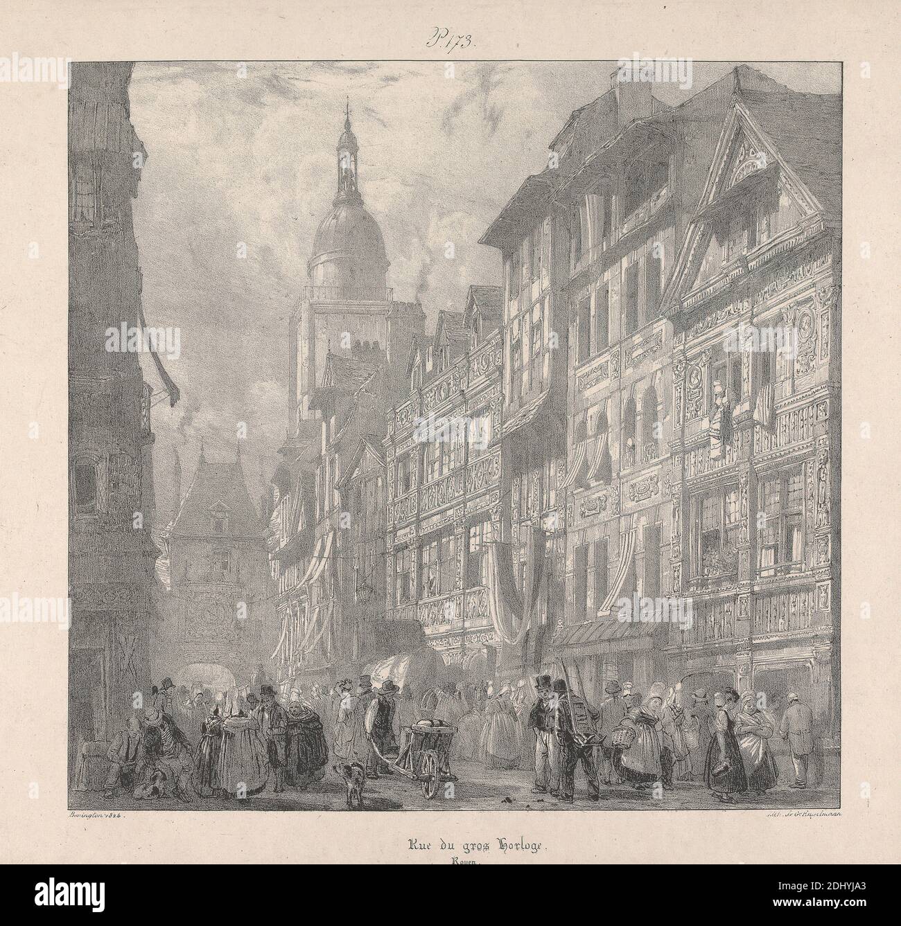 Rue du Gros-Horloge, Rouen, Stampa realizzata da Richard Parkes Bonington, 1802–1828, inglese, stampato da Godefroy Engelmann, 1788–1839, francese, 1824, litografia su carta d'oca crema di spessore moderato, liscia con collé di creme, foglio: 13 3/8 x 19 3/4 pollici (34 x 50.2 cm), foglio: 10 15/16 x 11 1/2 pollici (27.8 x 29.2 cm), e immagine: 9 1/2 x 9 13/16 pollici (24.1 x 24.9 cm), soggetto architettonico, cestini, cofani, edifici, carrelli, bambini, città, paesaggio urbano, orologio, nuvole, folle, cani (animali), drappeggi, agricoltori, case, lavoro, lavanderia, uomini, contadini, persone, strada, torre (divisione edilizia Foto Stock