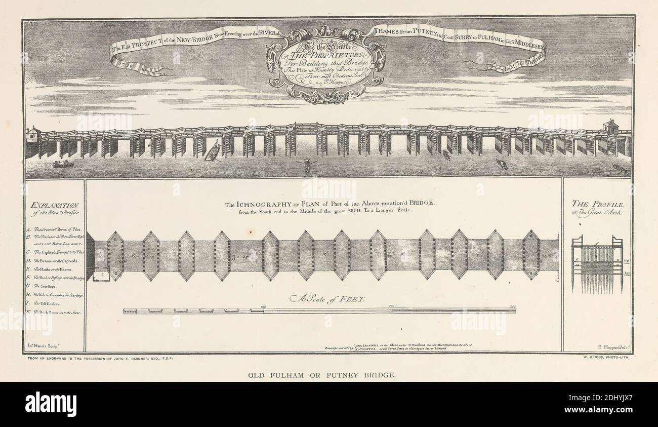 Old Fulham o Putney Bridge, John Harris, 1811–1865, inglese, dopo artista sconosciuto, (? Edward Hoppus ), non datato, fotolitografia Foto Stock