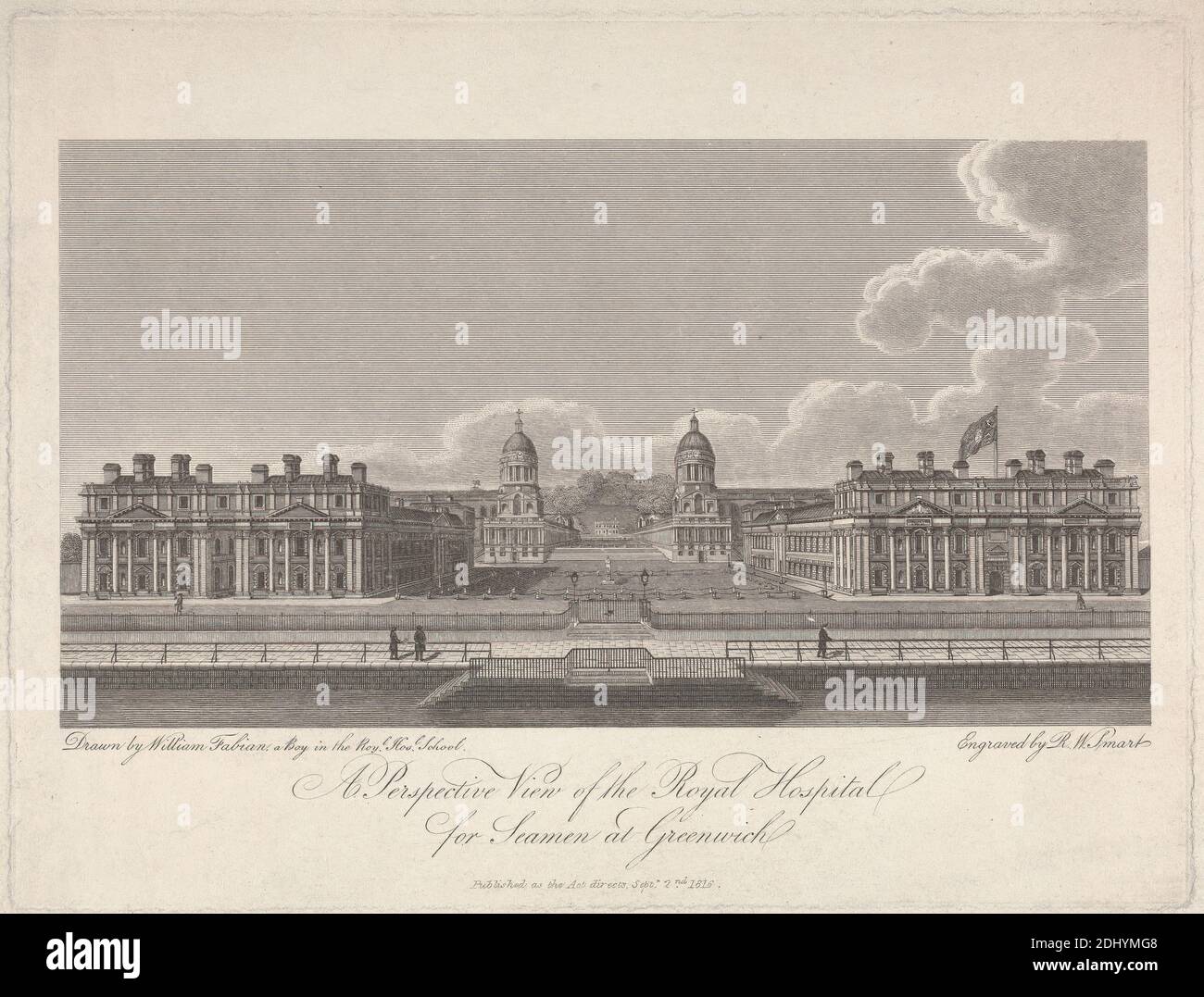 A Perspective View of the Royal Hospital for Seamen at Greenwich, Robert William Smart, attivo 1820–1834, dopo artista sconosciuto, ( William Fabian ), 1816, Engraving Foto Stock