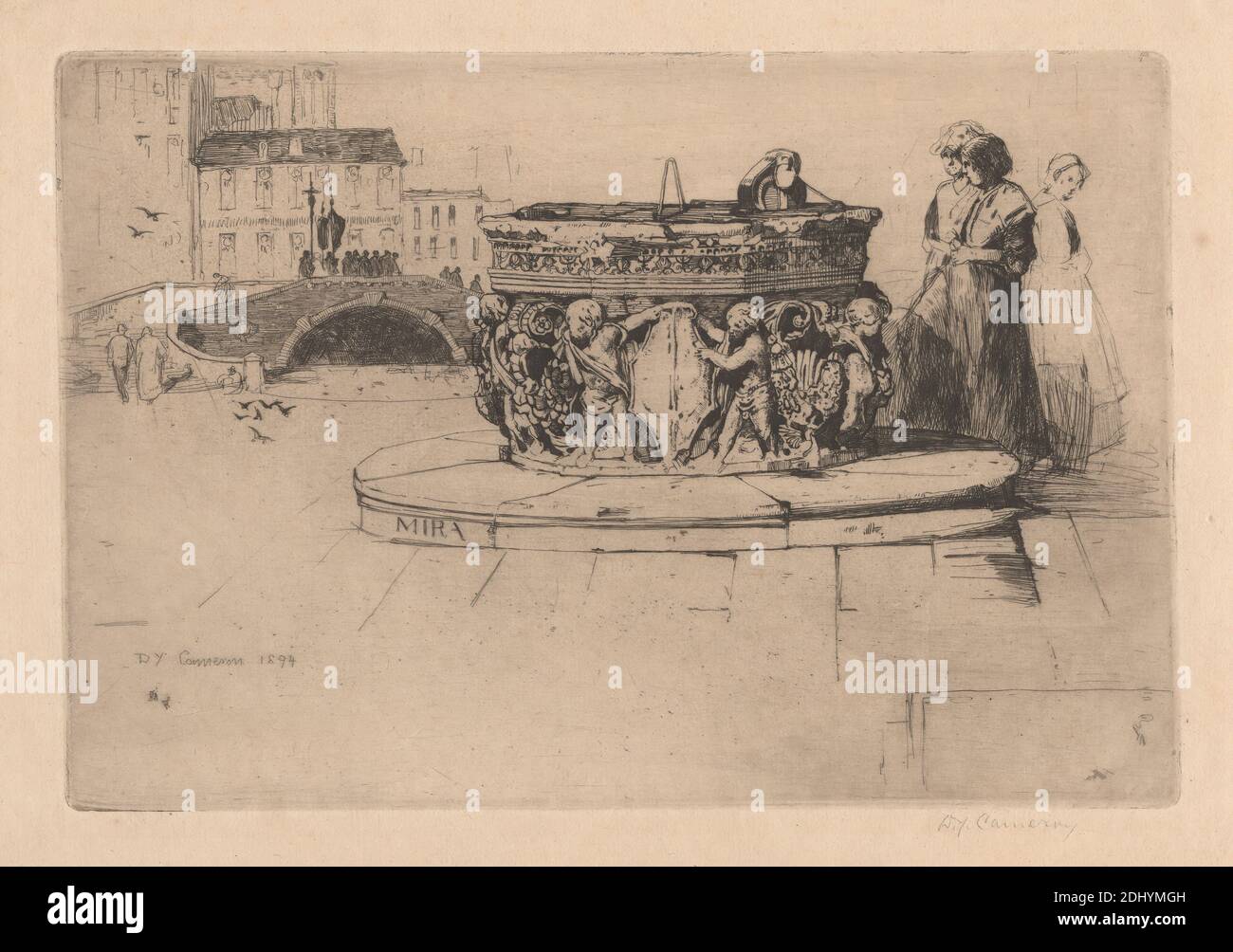Fontana Veneziana Italia settentrionale Set: N. 7, Sir David Young Cameron, 1865–1945, British, 1894, incisione, soggetto architettonico, uccelli, ponte (opera costruita), edifici, canale, cherubini, cisterne, deposito d'acqua, costume, crocifisso, bandiere, uomo, piazza, processione, rilievo, personale, scale, pozzi, finestre, donne, Europa, Italia, Mira, Veneto, Venezia Foto Stock
