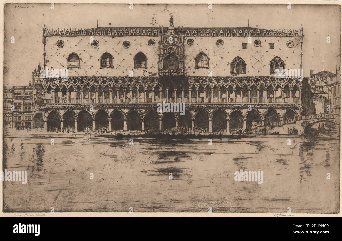 Palazzo Ducale, Sir David Young Cameron, 1865–1945, britannico, 1902, incisione e punto secco, galleria, archi, soggetto architettonico, balconi, balaustre, ringhiere e loro componenti, ponte (opera costruita), edifici, canale, capitelli, colonnato, colonne, bandiere, gondole, gondoliere, laguna, logge, arte marina, palazzo, parapetti, finestre, pilastri, colonne, pilastri, statue, colonne, colonne, gondole Ponte dei Sospiri, Palazzo Ducale, Europa, Canal Grande, Italia, Ponte della paglia, Rio di Palazzo, Laguna Veneziana, Veneto, Venezia, Venezia Foto Stock