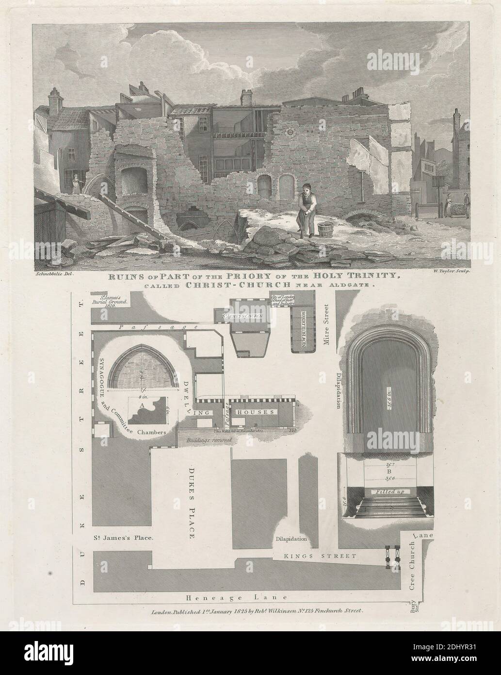 Rovine di parte del Priorato della Santissima Trinità chiamato Chiesa di Cristo vicino Aldgate, William Deane Taylor, 1794–1857, dopo Robert Bremmel Schnebbelie, attivo 1803–1849, 1825, incisione, foglio: 12 5/8 x 10in. (32.1 x 25,4 cm Foto Stock