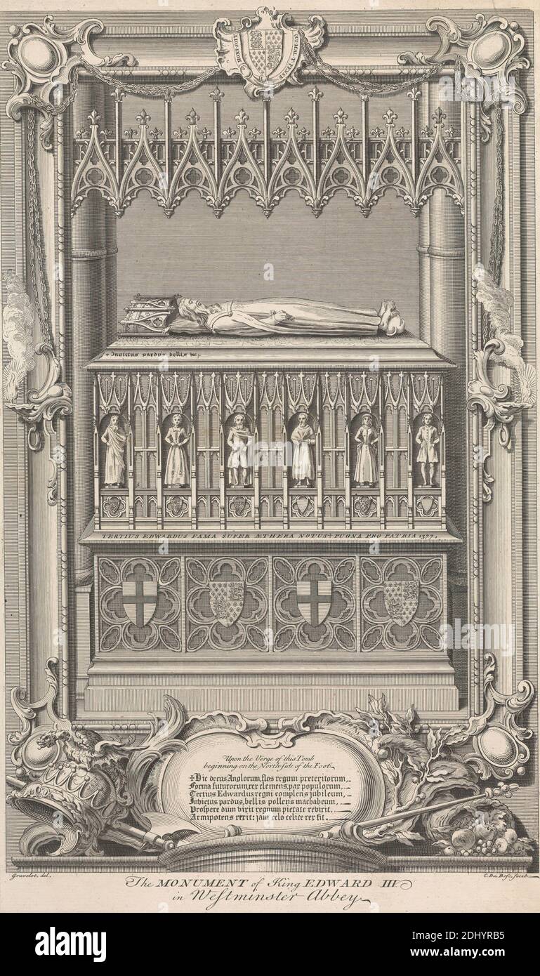 Il Monumento del Re Edoardo III nell'Abbazia di Westminster, Claude Du Bosc, c.1711–1740, dopo Hubert-François Gravelot, 1699–1773, francese, attivo in Gran Bretagna (1733–45), non datato, ca. 1726-1740, incisione su carta media liscia, foglio: 14 3/4 x 8 3/4 pollici (37.5 x 22.2 cm) e immagine: 13 13/16 x 8 1/2 pollici (35.1 x 21.6 cm), soggetto architettonico, stemmi, drago, motivi araldici, soggetto storico, re (persone), monumento, tomba, Inghilterra, Europa, Londra, Regno Unito, Abbazia di Westminster Foto Stock