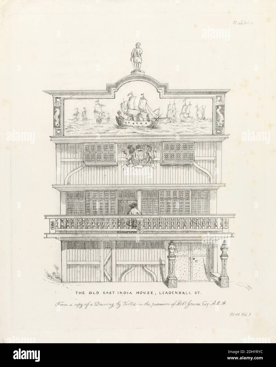 The Old East India House, Leadenhall Street, William B. Rye, attivo 1851–1853, dopo George Verte, 1684–1756, British, 1851, Engraving Foto Stock