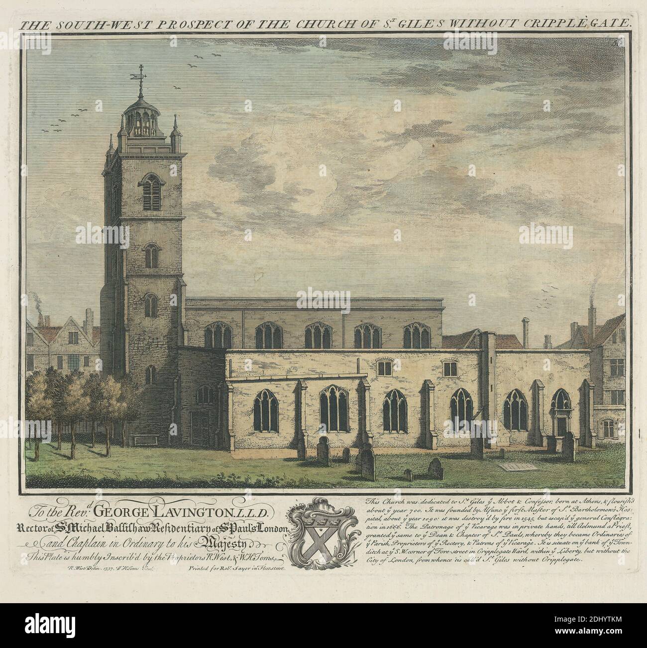 Il prospetto sud-ovest della Chiesa di San Giles senza Cripplegate, William Henry Toms, ca. 1700–ca. 1750, British, After Robert West, Active 1744–1770, Irish, 1737, incisione, foglio: 11 x 12 1/4in. (27.9 x 31,1 cm Foto Stock